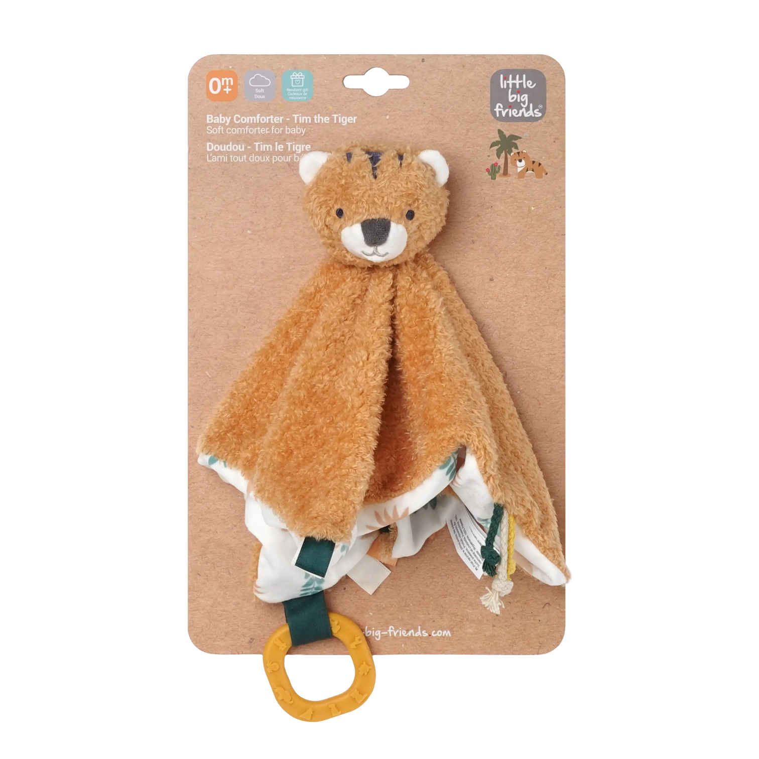 A packaged baby lovey comforter featuring a plush brown bear head and a soft tan blanket with a white ruffled edge, attached to a yellow ring teether, on a kraft paper backing card.