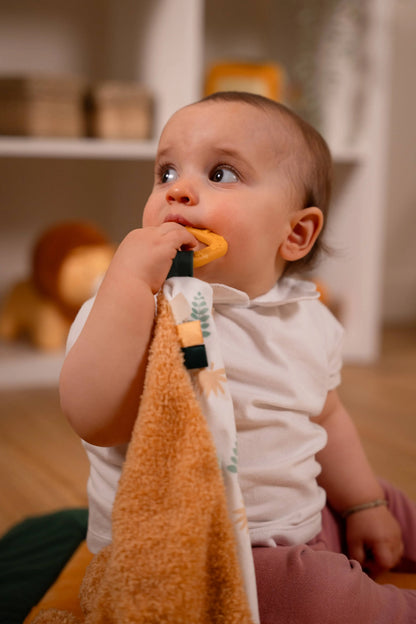 A baby wearing a white short-sleeve top and pink pants sits indoors while biting a yellow teething toy attached to a patterned cloth. The baby is holding a plush orange towel in the foreground, with a softly blurred room and shelves in the background.
