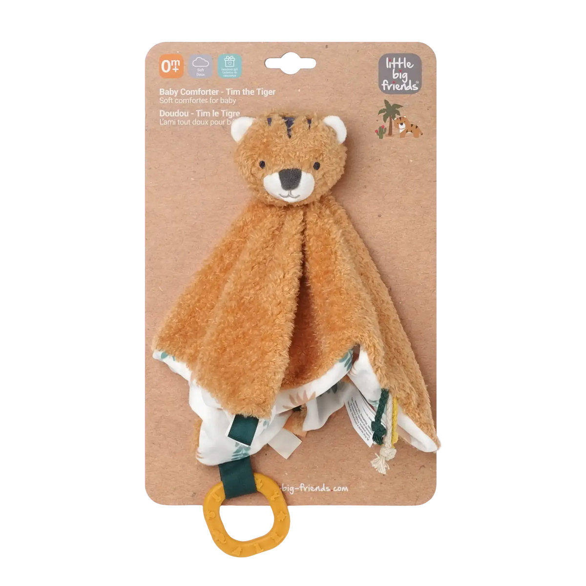 A packaged baby lovey comforter featuring a plush brown bear head and a soft tan blanket with a white ruffled edge, attached to a yellow ring teether, on a kraft paper backing card.