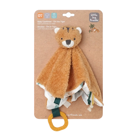A packaged baby lovey comforter featuring a plush brown bear head and a soft tan blanket with a white ruffled edge, attached to a yellow ring teether, on a kraft paper backing card.