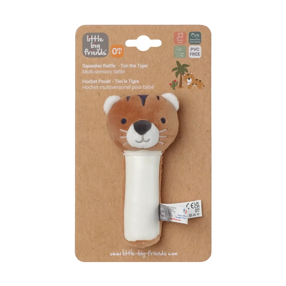 A plush tiger squeaker rattle by Little Big Friends on a brown kraft cardboard backing, shown against a plain white background.