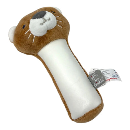 A plush baby squeaker toy shaped like an tigers head and body, with brown plush fabric, a white plastic handle, embroidered facial details, and a small fabric tag that reads 'Little Big Squeaks'.