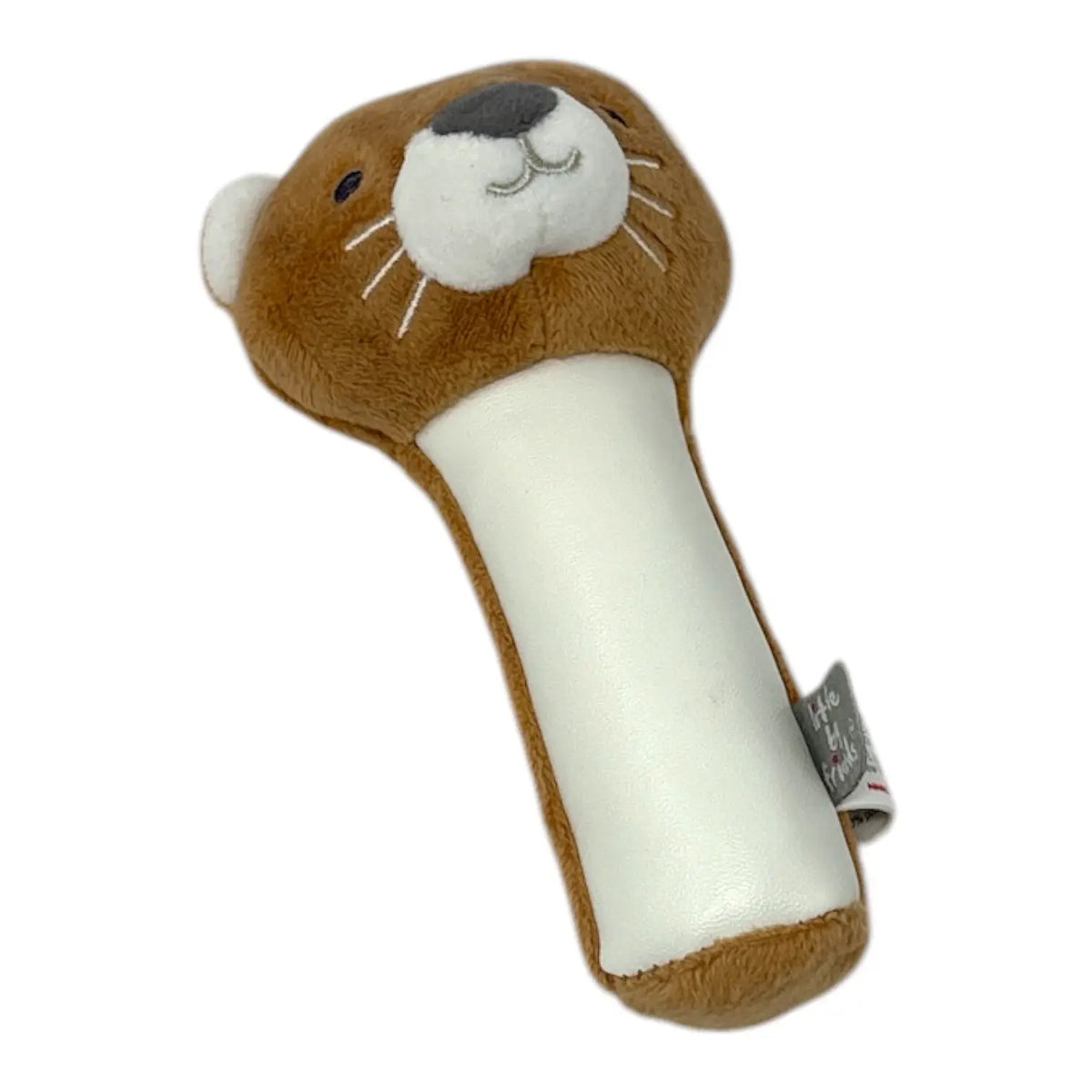 A plush tiger-shaped baby squeaker toy with a brown plush head, white muzzle, and white handle, shown on a plain white background.