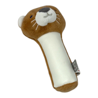 A plush tiger-shaped baby squeaker toy with a brown plush head, white muzzle, and white handle, shown on a plain white background.
