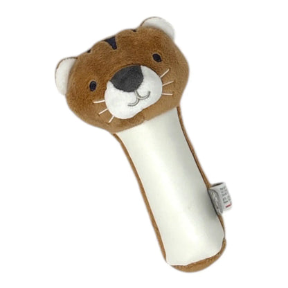 A plush baby rattle shaped like a tiger face, featuring a brown plush head with white inner ears, a white muzzle, and a white body, shown on a plain white background.