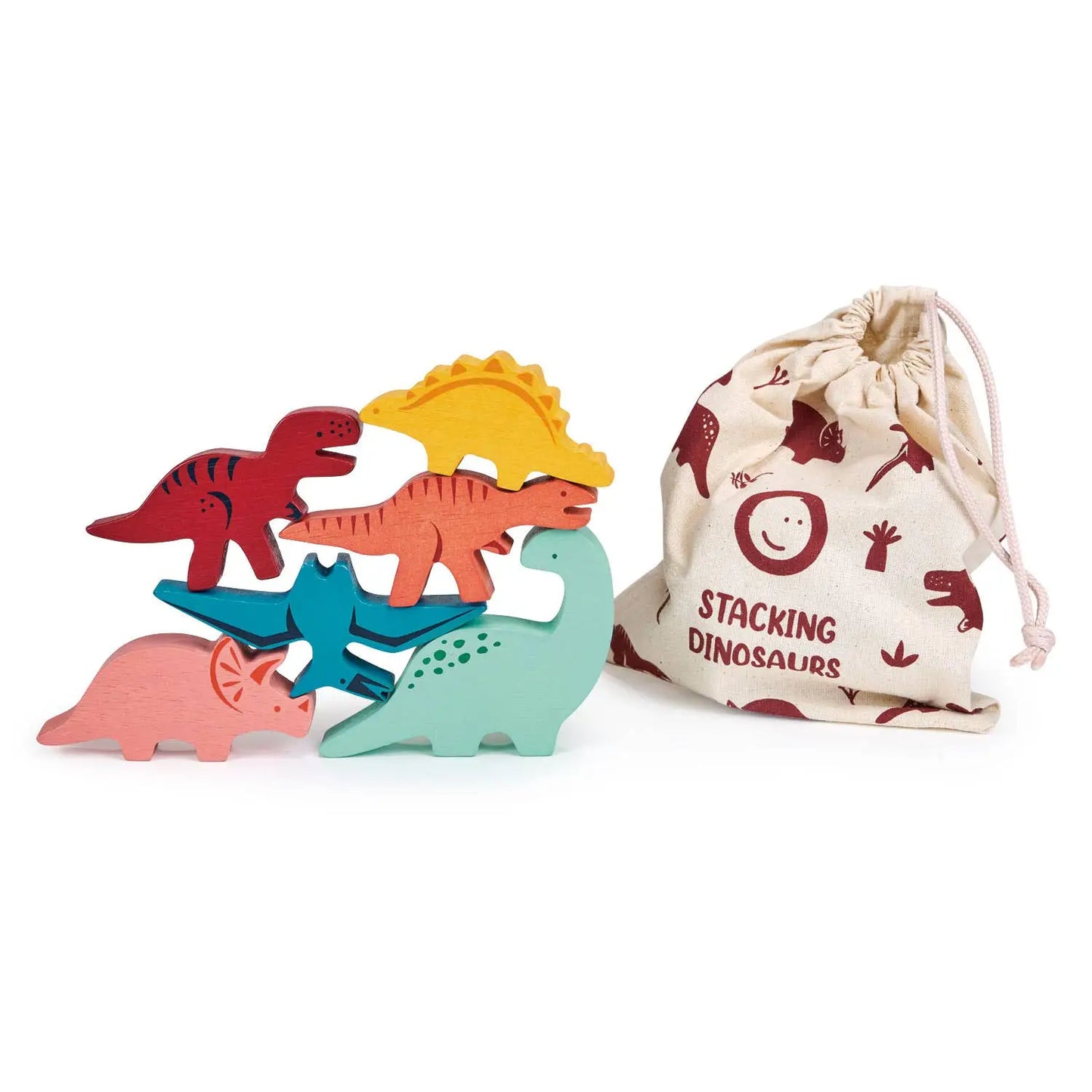 Colourful wooden stacking dinosaurs with a drawstring bag labelled 'Stacking Dinosaurs' on a white background.