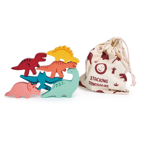Colourful wooden stacking dinosaurs with a drawstring bag labelled 'Stacking Dinosaurs' on a white background.