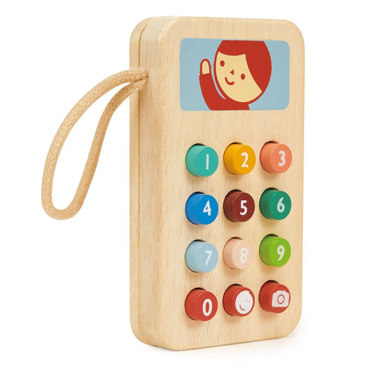 Wooden toy phone with colourful buttons and a face on a white background
