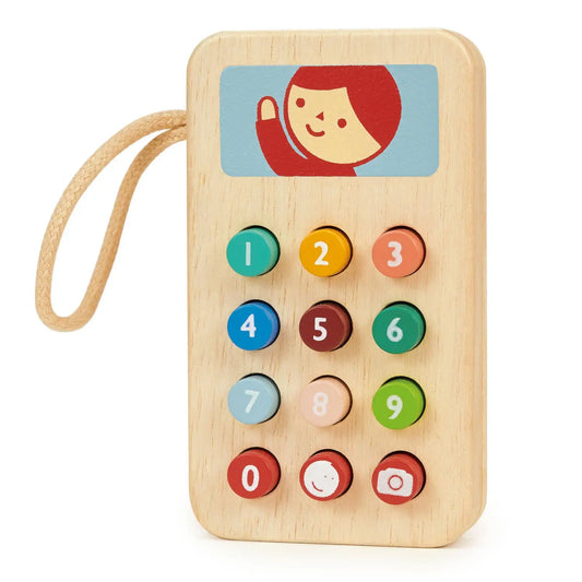 Wooden toy phone with colourful buttons on a white background