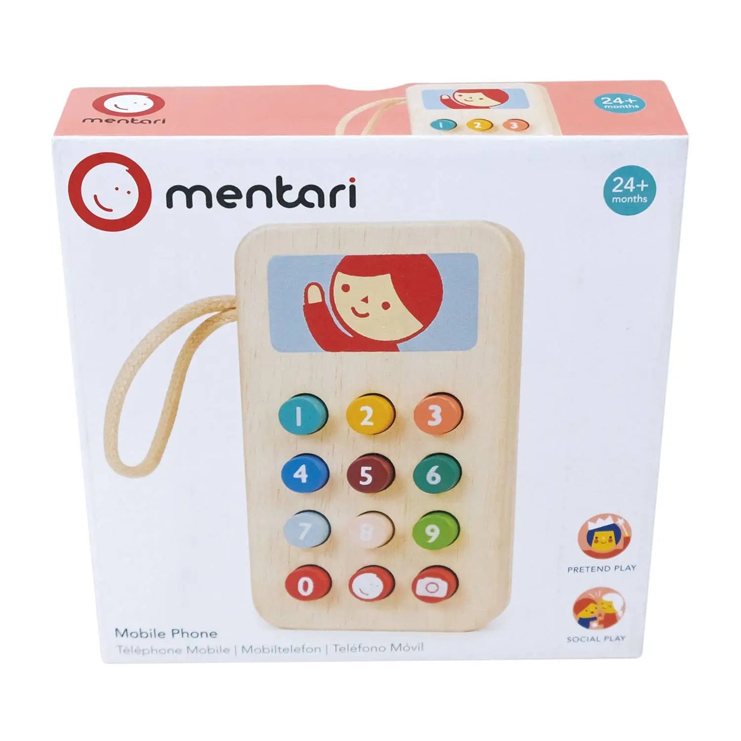 Wooden toy phone with colourful buttons on a Mentari packaging