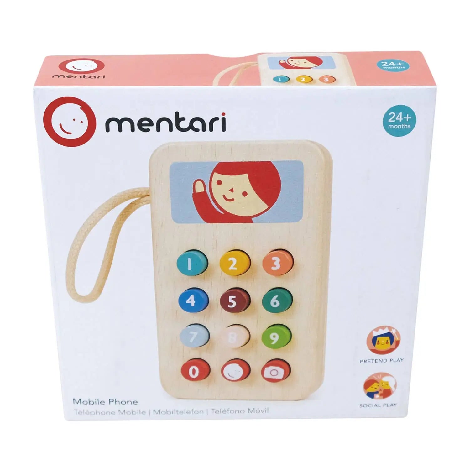 Wooden toy phone with colourful buttons on a Mentari packaging