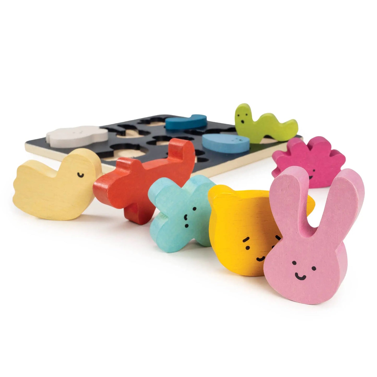 Colourful wooden toy with various animal shapes on a white background