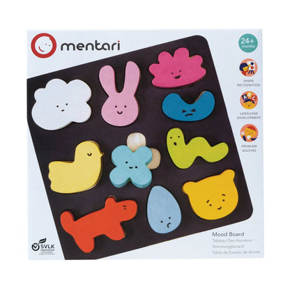 Mentari mood board with colourful animal-shaped pieces on a white background