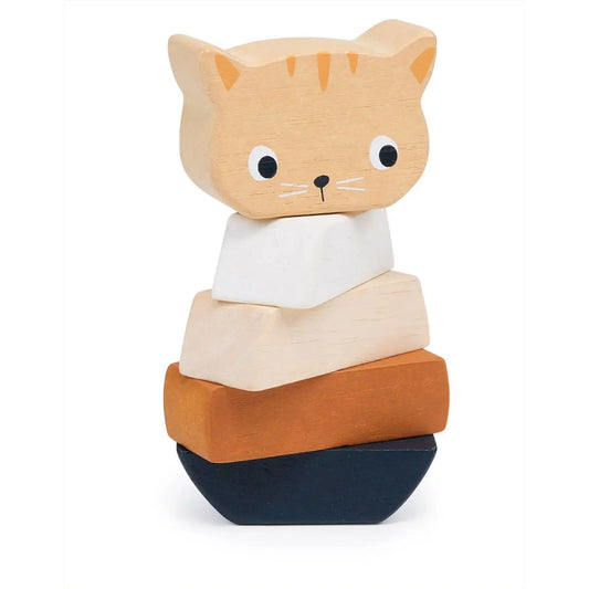 Wooden cat-shaped stacking toy on a white background