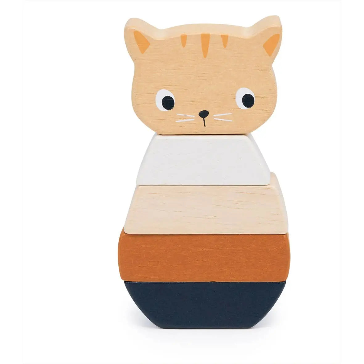 A wooden toy cat figure with stacked geometric sections in natural wood, white, orange, and dark navy, shown on a plain white background.