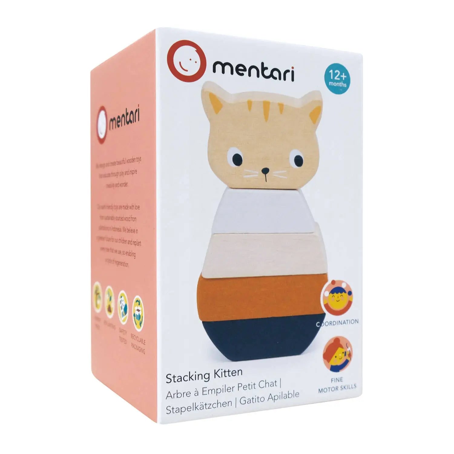 Box of a stacking kitten toy by mentari on a white background