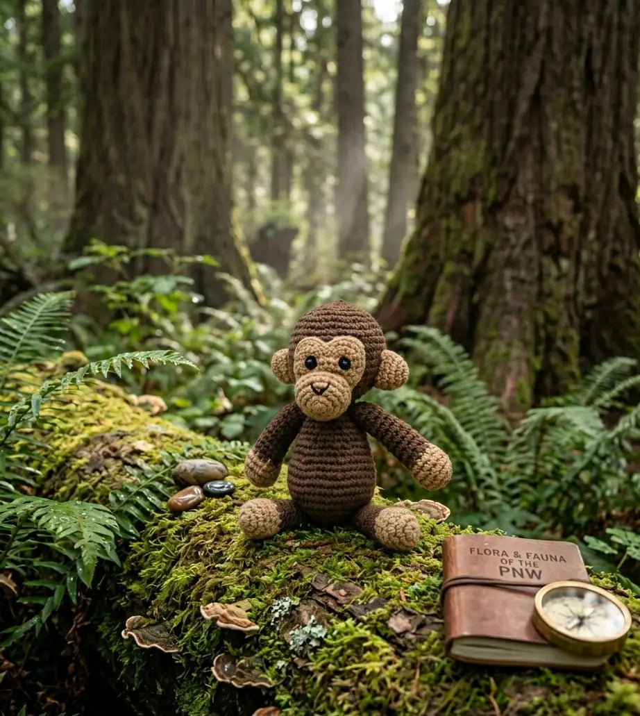 A crocheted brown monkey toy sits on a mossy log in a forest setting, with a small book and compass beside it. The background shows tall tree trunks and green ferns.
