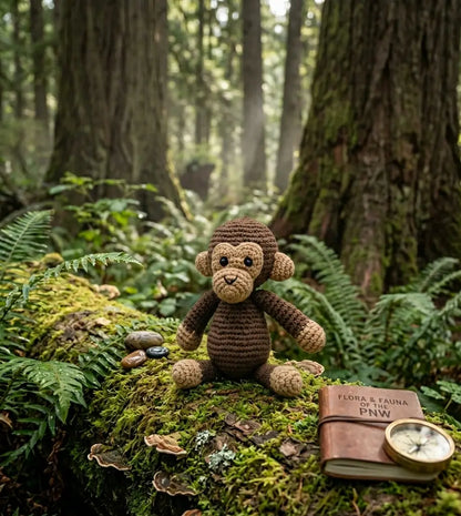 A crocheted brown monkey toy sits on a mossy log in a forest setting, with a small book and compass beside it. The background shows tall tree trunks and green ferns.