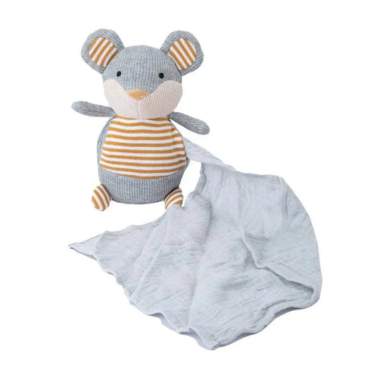Plush toy mouse with striped body and gray blanket on a white background