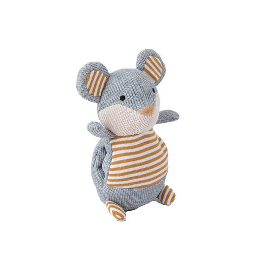 Knitted mouse toy with striped body on a white background