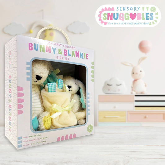 Bunny and Blankie gift set in packaging with 'Sensory Snuggables' branding.