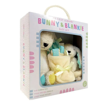 Gift set with teddy bear, blanket, and yellow egg in a decorative box labelled 'Bunny & Blankie'.