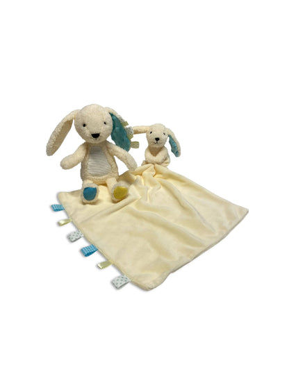 Two plush toys on a yellow blanket with tags on a white background