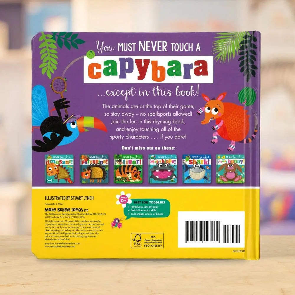 Back cover of a children's book titled 'You Must Never Touch a Capybara' with colourful illustrations on a blurred background.