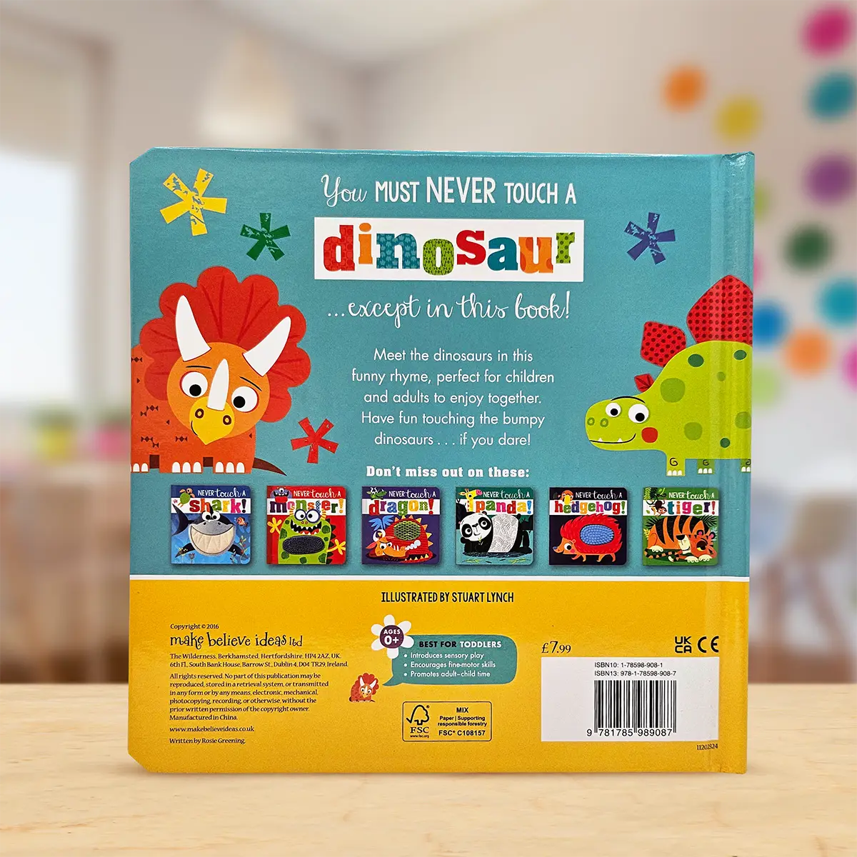 Back cover of a children's book with colourful illustrations and text.