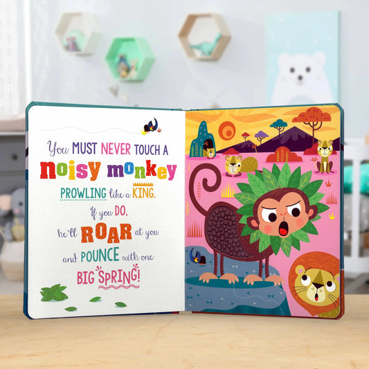 Children's book open to a page with a colourful illustration of a monkey and text.