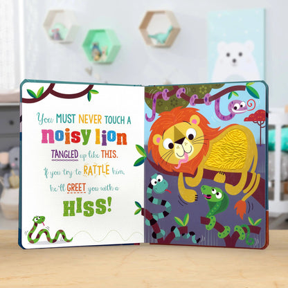 Children's book with a lion illustration and text on a wooden surface.