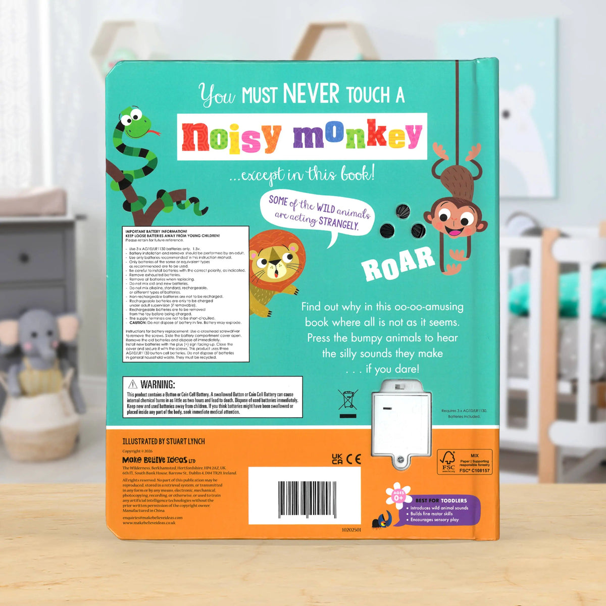 Back cover of a children's book titled 'Noisy Monkey' with colourful illustrations on a wooden surface.