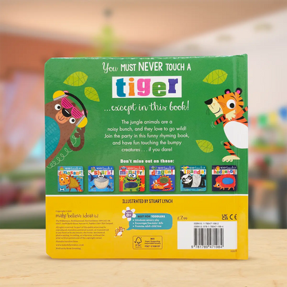 Back cover of a children's book with colourful illustrations and text on a wooden surface.