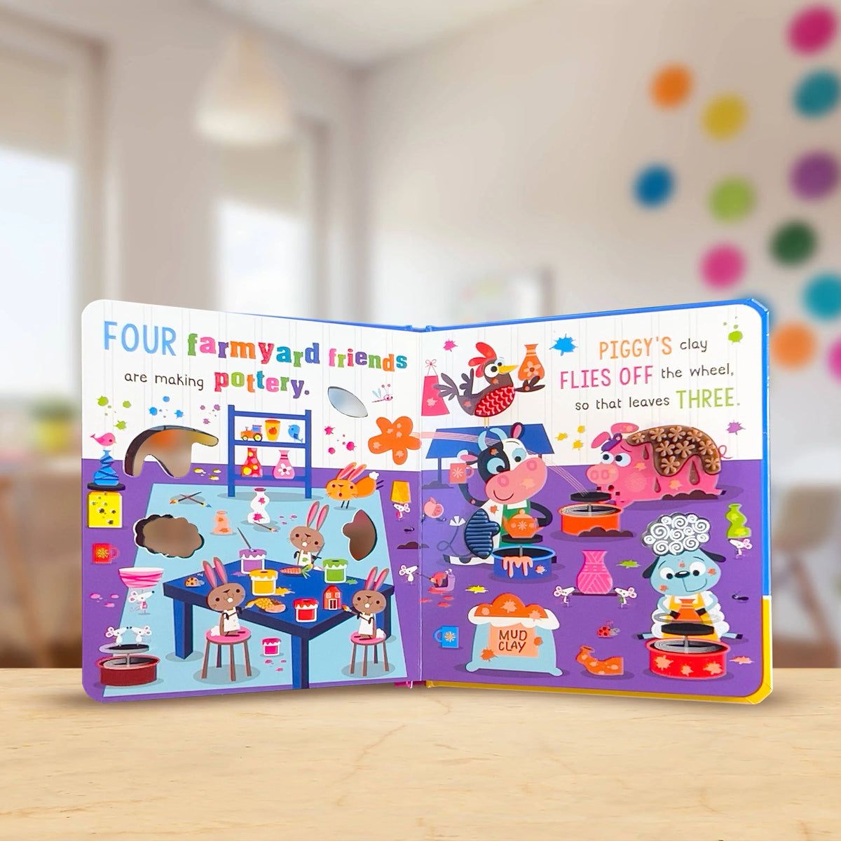 Children's book with colourful illustrations of farm animals making pottery.