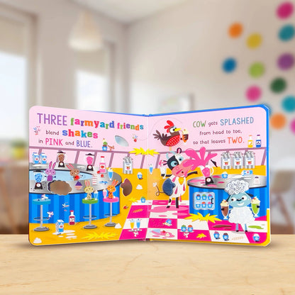 Children's book with colourful illustrations on a wooden surface