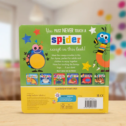 Book cover with colourful illustrations and text on a blurred indoor background
