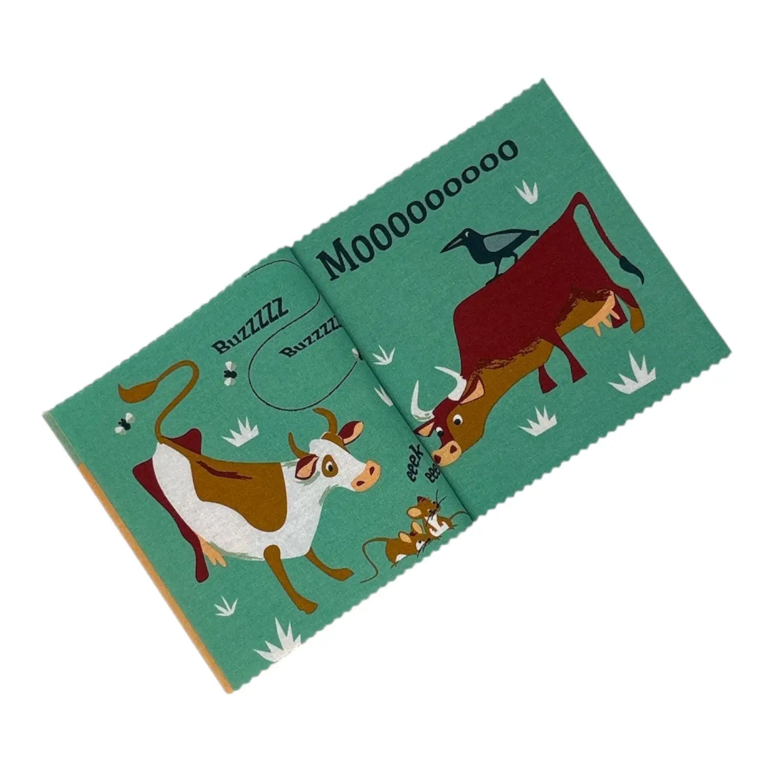 A children's soft fabric book with a colourful animal illustration on a teal cover, photographed on a plain white background.