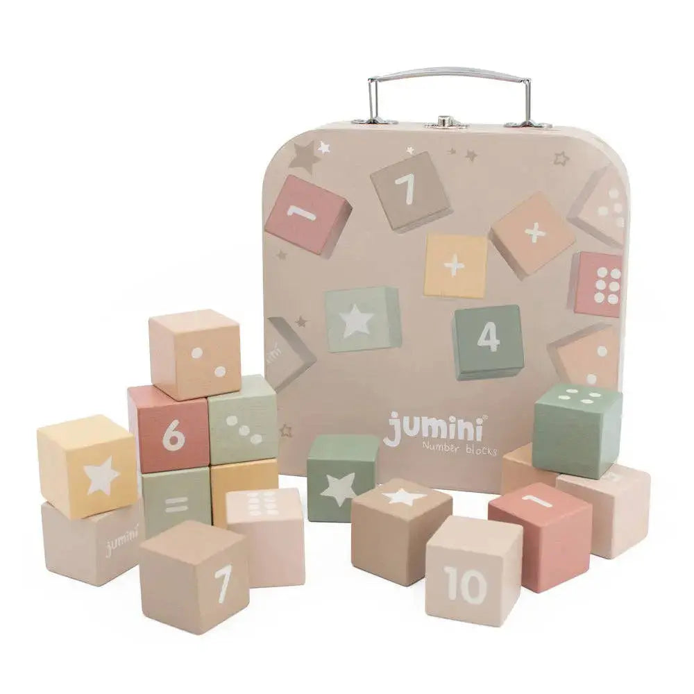 Set of wooden blocks with numbers and symbols in a beige suitcase-shaped box, featuring the brand 'jumini'.
