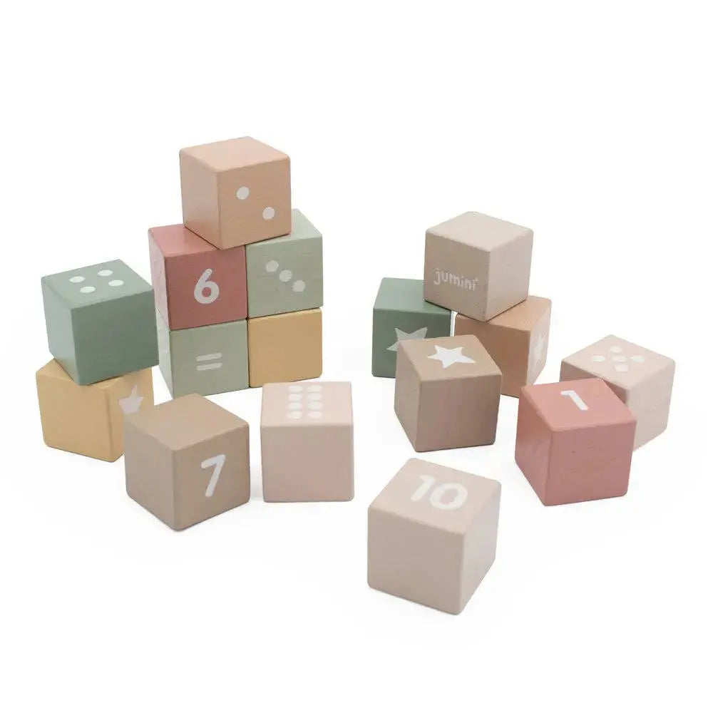 Set of colourful wooden blocks with numbers and letters on a white background