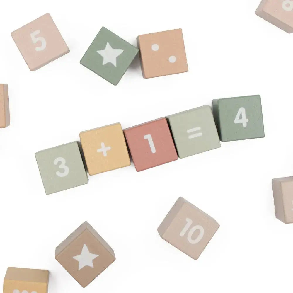 Colourful wooden blocks with numbers and symbols on a white background
