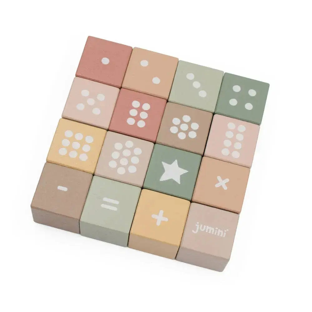 Set of colourful wooden blocks with symbols on a white background, branded 'jumini'.