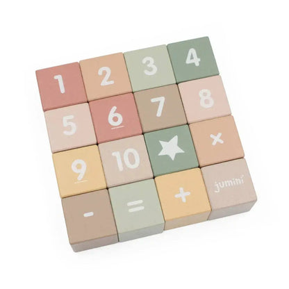 Set of colourful wooden blocks with numbers and symbols on a white background