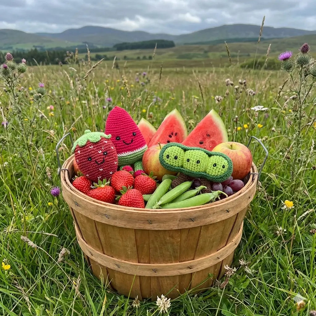 Wooden basket filled with crochet fruits and vegetables in a field.