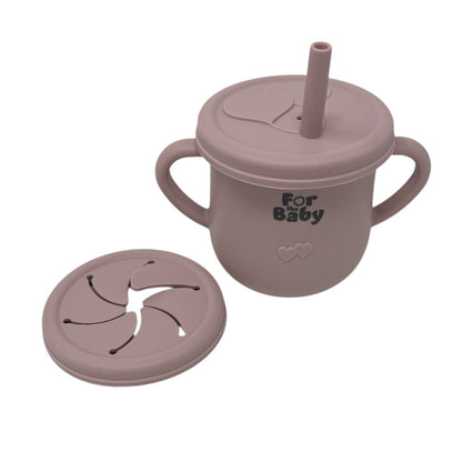 2-in-1 silicone baby cup with interchangeable sippy and snack lids, available in multiple colours.