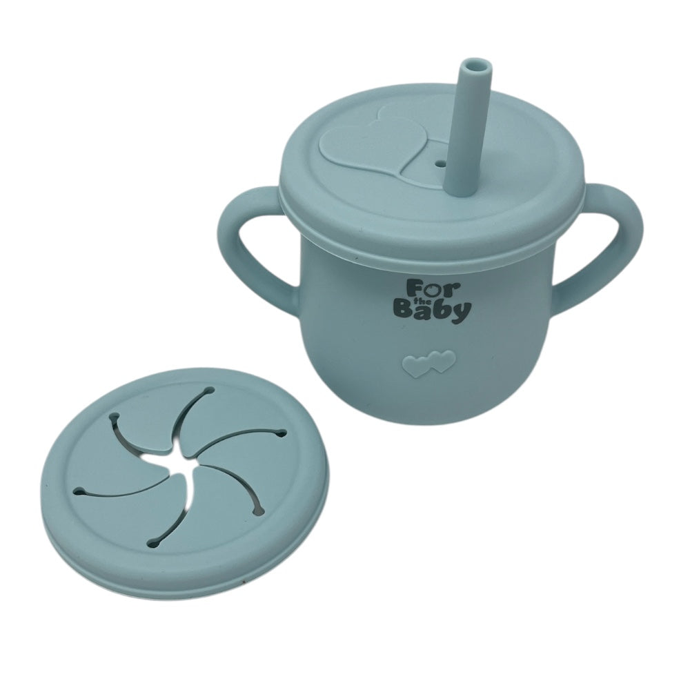 2-in-1 silicone baby cup with interchangeable sippy and snack lids, available in multiple colours.