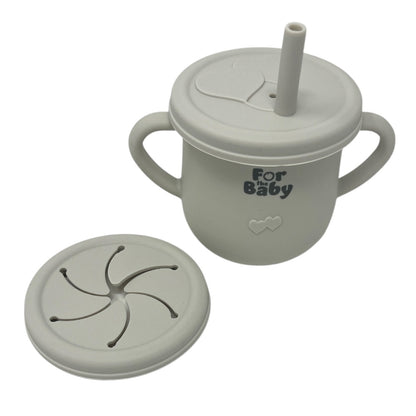 2-in-1 silicone baby cup with interchangeable sippy and snack lids, available in multiple colours.