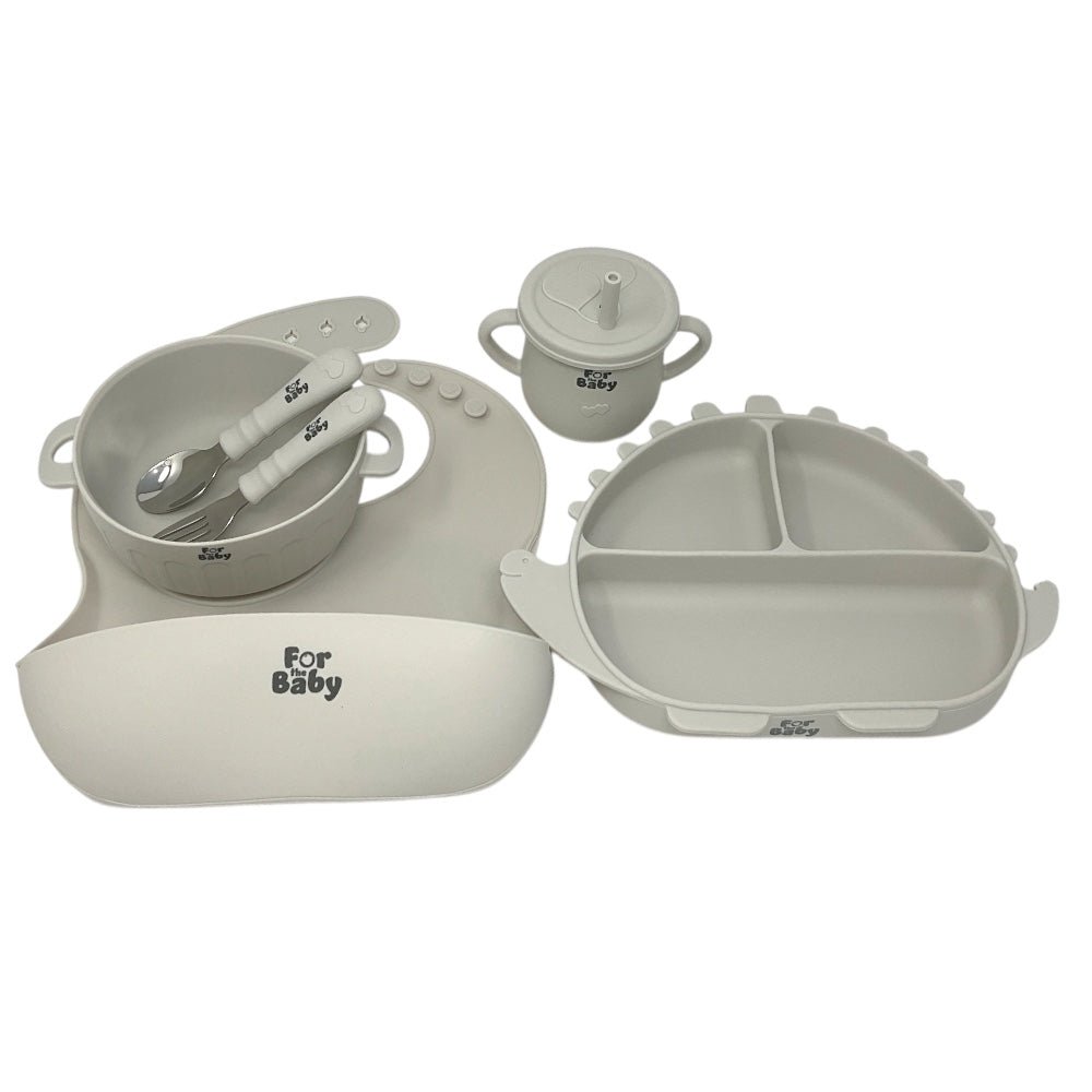 Dinosaur silicone feeding set with suction plate, bowl, sippy cup, fork, spoon, and bib