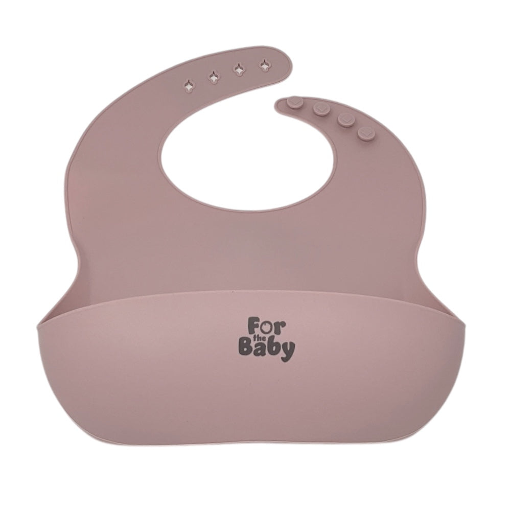 Adjustable silicone bib with food-catching pocket, perfect for reducing messes while feeding.