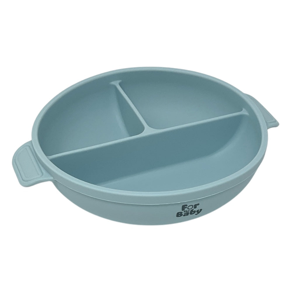 Round silicone suction bowl with three compartments, designed for easy portioning and mess-free mealtimes.