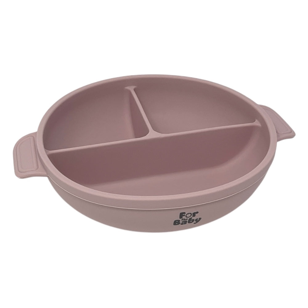 Round silicone suction bowl with three compartments, designed for easy portioning and mess-free mealtimes.